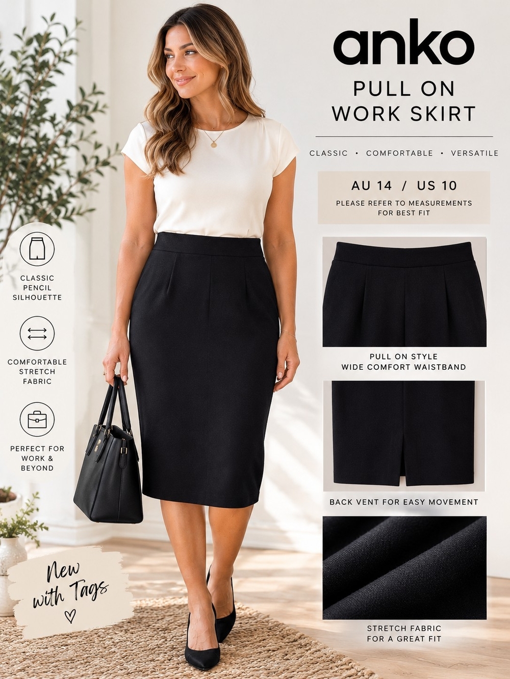 Anko Black Pull On Work Pencil Skirt NWT AU 14 US 10 Stretch Midi